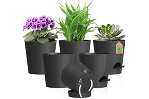 WSMKSZ 4 inch Self Watering Pots for Indoor Outdoor Plants, 6 Pack Plastic Flower Planters with Drainage Holes and Removable Saucers, Plant Pots with Wicking Rope, Modern Decor, Black
