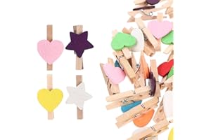 Roleader 100pcs Colorful Mini Wooden Clothespins Heart and Star Shapes, Small Photo Clips for Wall Hanging