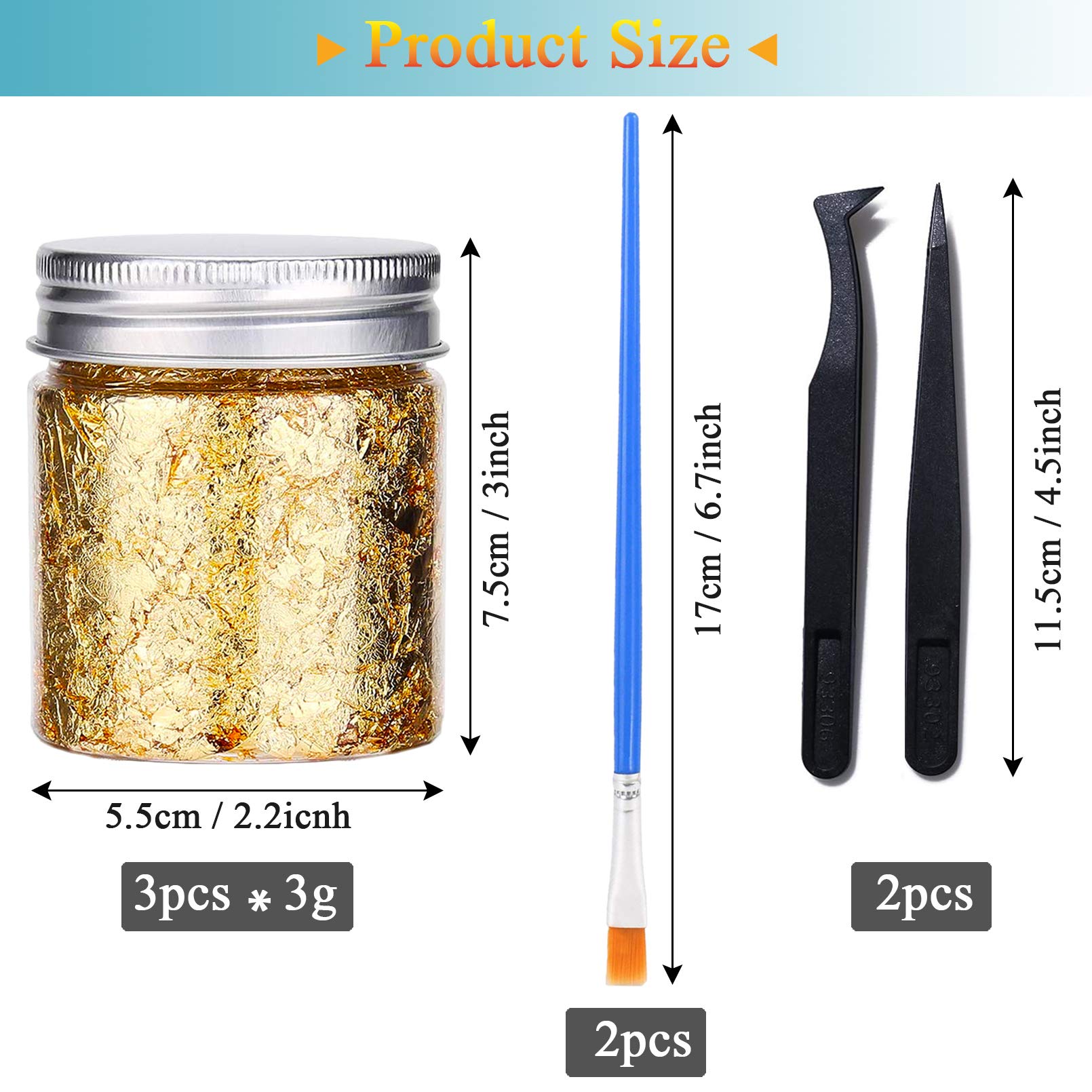 Gold Foil Flakes with Tweezers and Brush, 3 Colors Imitation Gold Foil Flakes Metallic Leaf for Nail Art, Painting, Crafts and Resin Jewelry Making (3color-9g)