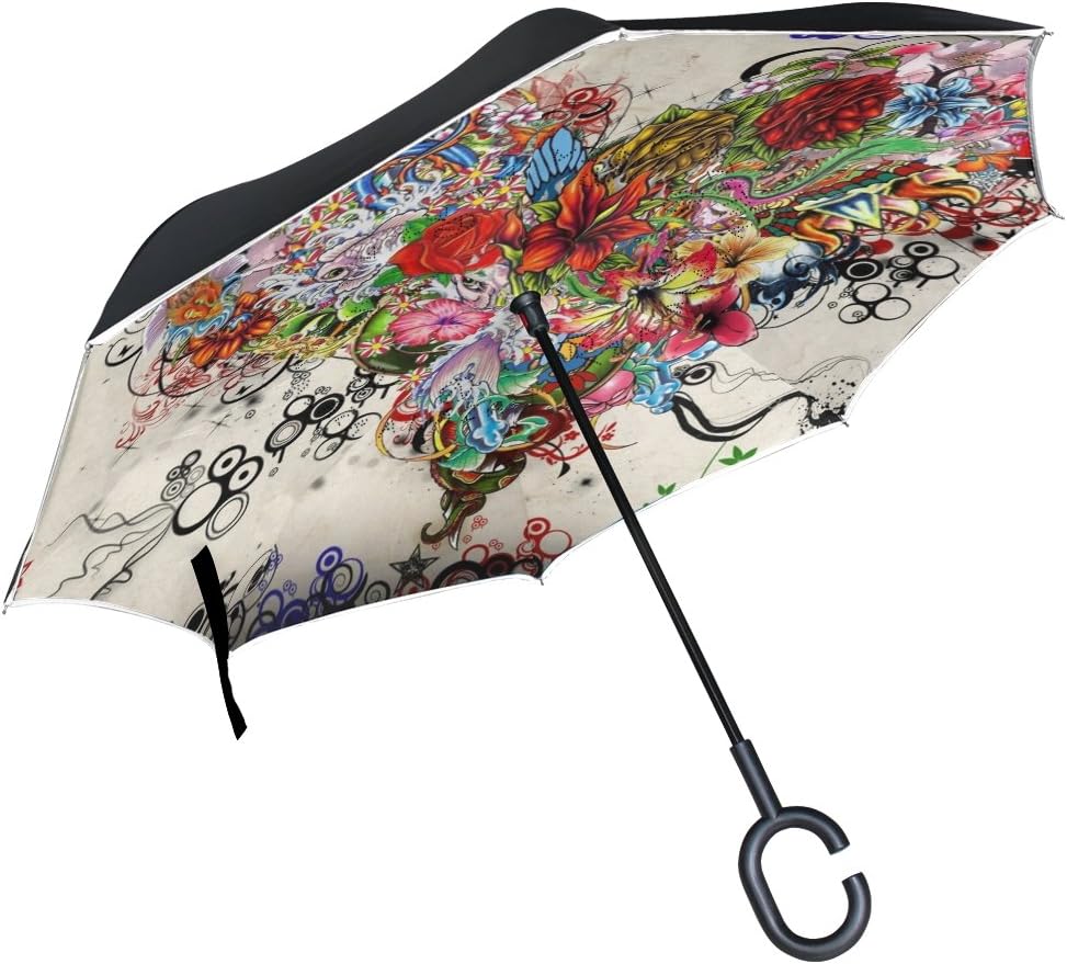 ISAOA Large Umbrella Inverted Umbrella Windproof Double Layer Construction Reversed Folding Umbrella for Car Use,C-Shaped Handle Umbrella Flower Heart Full Of Love Umbrella for Women and Men