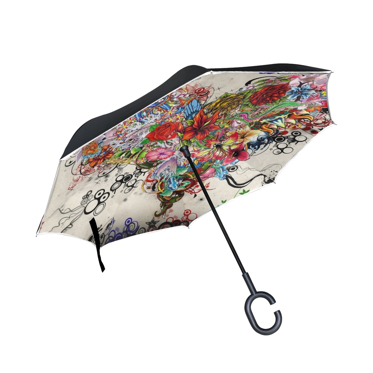 ISAOA Large Umbrella Inverted Umbrella Windproof Double Layer Construction Reversed Folding Umbrella for Car Use,C-Shaped Handle Umbrella Flower Heart Full Of Love Umbrella for Women and Men