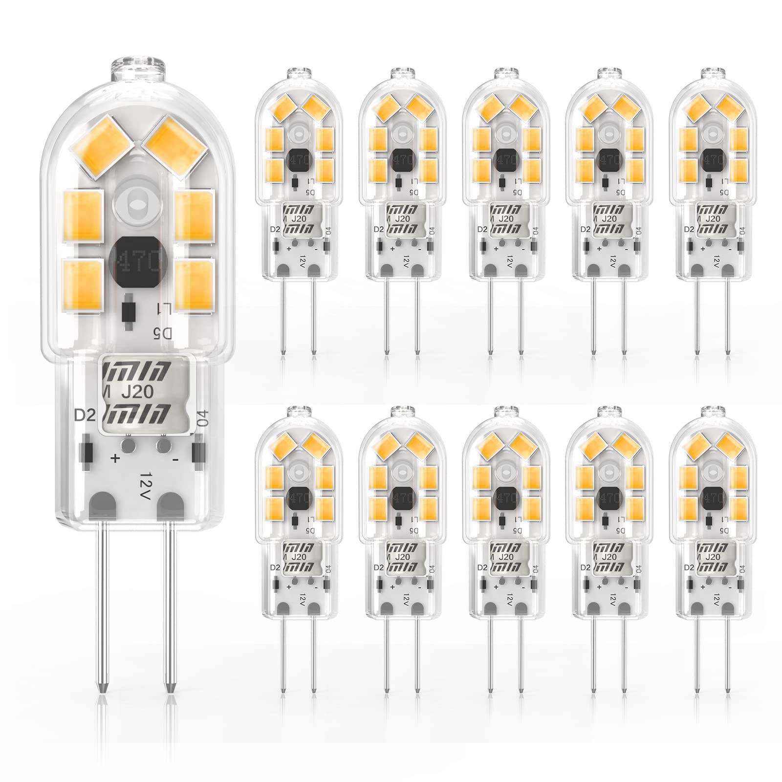Cxyemt 2W G4 LED Bulbs Warm White 3000K, Replacement 20W Halogen Bulb, Non Flicker AC/DC 12V Energy Saving G4 LED Capsule Light Bulbs, Non-Dimmable, 10 Pack