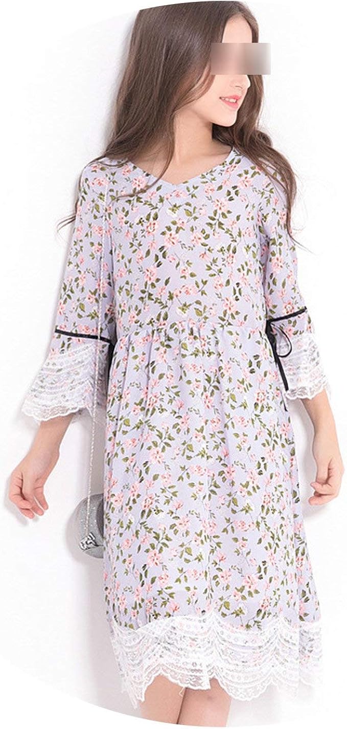 Amazon Co Jp 女の子シフォンドレス長袖秋ドレスフラワープリントレースドレス10代の少女 服 ファッション小物