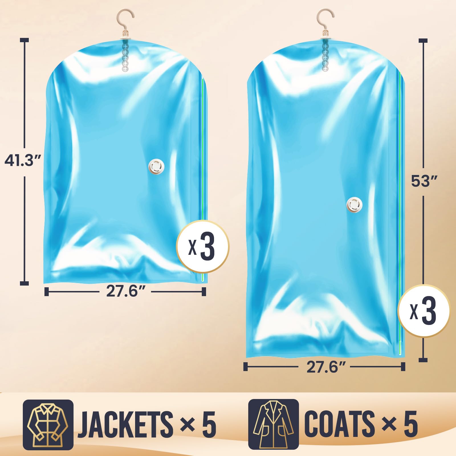 Condition photo showing New/Like New for taili hanging vacuum sealer storage bags space saver bags for clothing, suits and jackets, closet organizers, (3 long, 3 short) blue blue 6 combo
