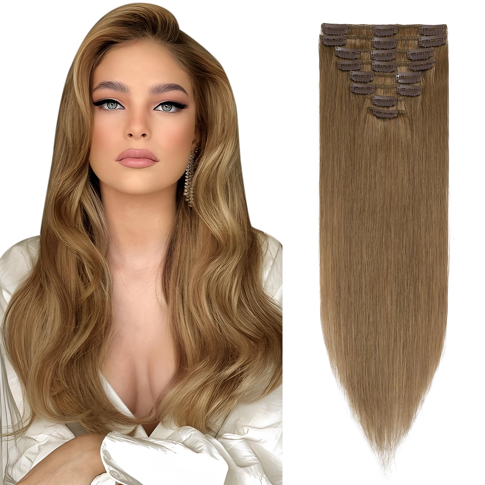 Elailite Hair Extension Real Human Hair Clip in Remy Natural Hair - 8 Pieces (Thin Weft) Full Head Straight - #6 Light Brown - 18 Inch (70 g)