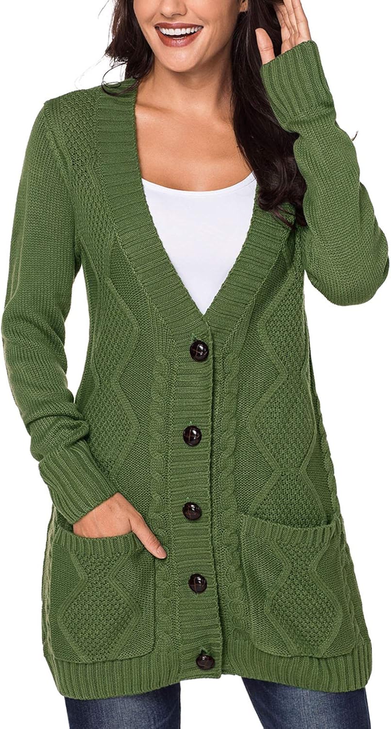 Syrads Women Cable Knit Sweater VNeck Long Cardigan Open Front Button