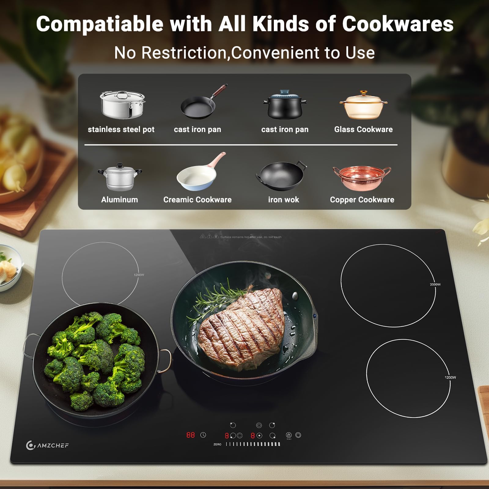 AMZCHEF 36 Inch Electric Cooktop 5 Burners, Upgraded 8900W Touch Control Built-in Ceramic Cooktop,9 Heating Level,Hot Surface Indicator,Chlid Lock,Timer, 220V~240V,Hard Wire(No Plug)