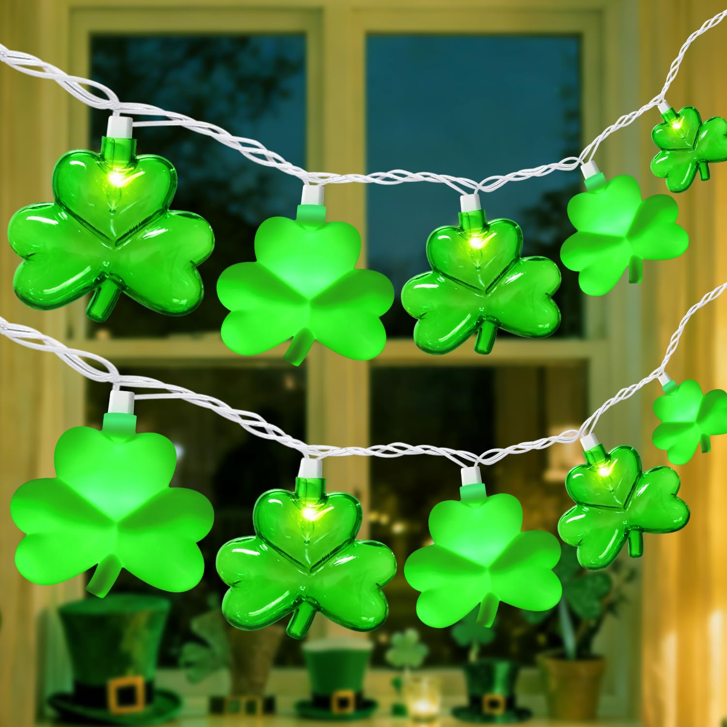 Photo 1 of 20LED St Patrick's Day Decor Green String Lights, 12Ft Green Shamrock Lights Outdoor Waterproof with 20 LED Lucky Fairy Lights for Home Door Fireplace Windows Fence St. Patrick's Day Party Decorations