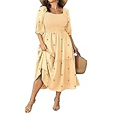Women's Plus Size Maxi Dress Puff Short Sleeve Square Neck Floral Casual Boho Tiered Smocked Ruffle Flowy Long Dresses