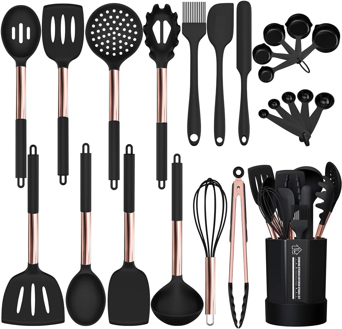 Silicone Cooking Utensil Set, Fungun 24pcs Silicone Cooking Kitchen Utensils Set, Non-stick Heat Resistant - Best Kitchen Cookware with Copper Stainless Steel Handle - Black(BPA Free, Non Toxic)