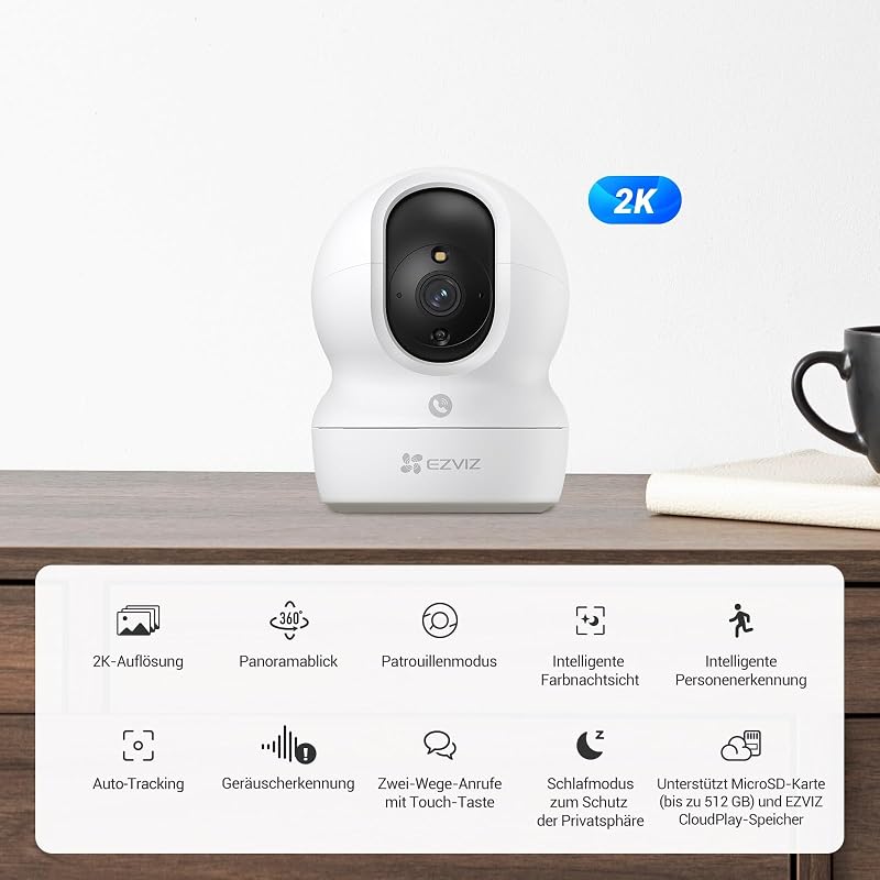 2K WLAN Überwachungskamera Innen, 360º PTZ Indoor Kamera mit Personenerkennung und -verfolgung, Farbige Nachtsicht, Geräuscherkennung, Zwei-Wege-Audio, Auto-Crusier, CP1 Pro