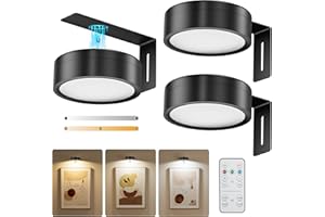 YARNOCK 3-Pack Black Picture Lights for Wall, Battery Operated with Remote and Timer, 3 Color Temperatures & Dimmable, Art Display Light for Picture Frame Artworking Portrait，Wireless Wall Decor Puck Lights