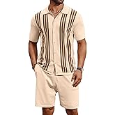 COOFANDY Men's 2 Piece Outfits Summer Short Sets Vintage Knit Button Down Shirt Short Sleeve Polo Casual Beach Suits