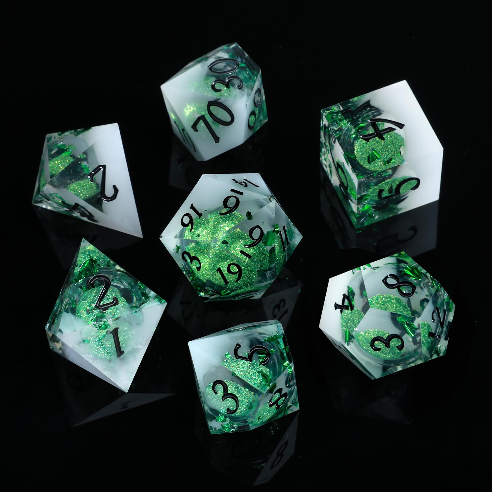 ORUZA 7 PCS Polyhedral Liquid Core DND Dice, Resin Sharp Edge Quicksand Dice D&D Dice Set for Dungeons and Dragons RPG MTG Role Playing Game Dice D20 D12 D10 D8 D6 D4 D%