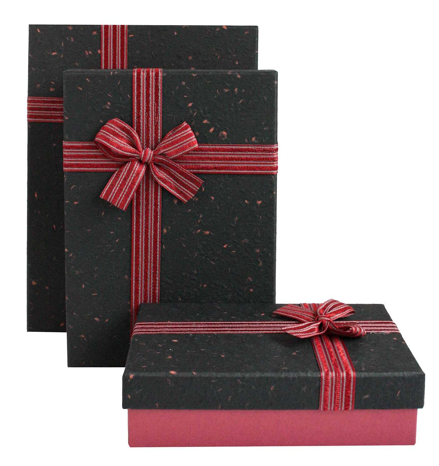 Emartbuy Burgundy/Black Rigid Gift Box with Ribbon Set of 3 – Large, Medium, Small – Luxury Cardboard Presentation Box | Premium Packaging for Hampers, Birthdays, Weddings, Corporate Gifting