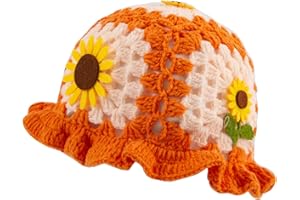 HACEOLHADA Crochet Bucket Hat for Women Crochet Hat Handmade Knitted Hat Foldable Floral Crochet Beanie Hat for Women Girls Outdoor Orange