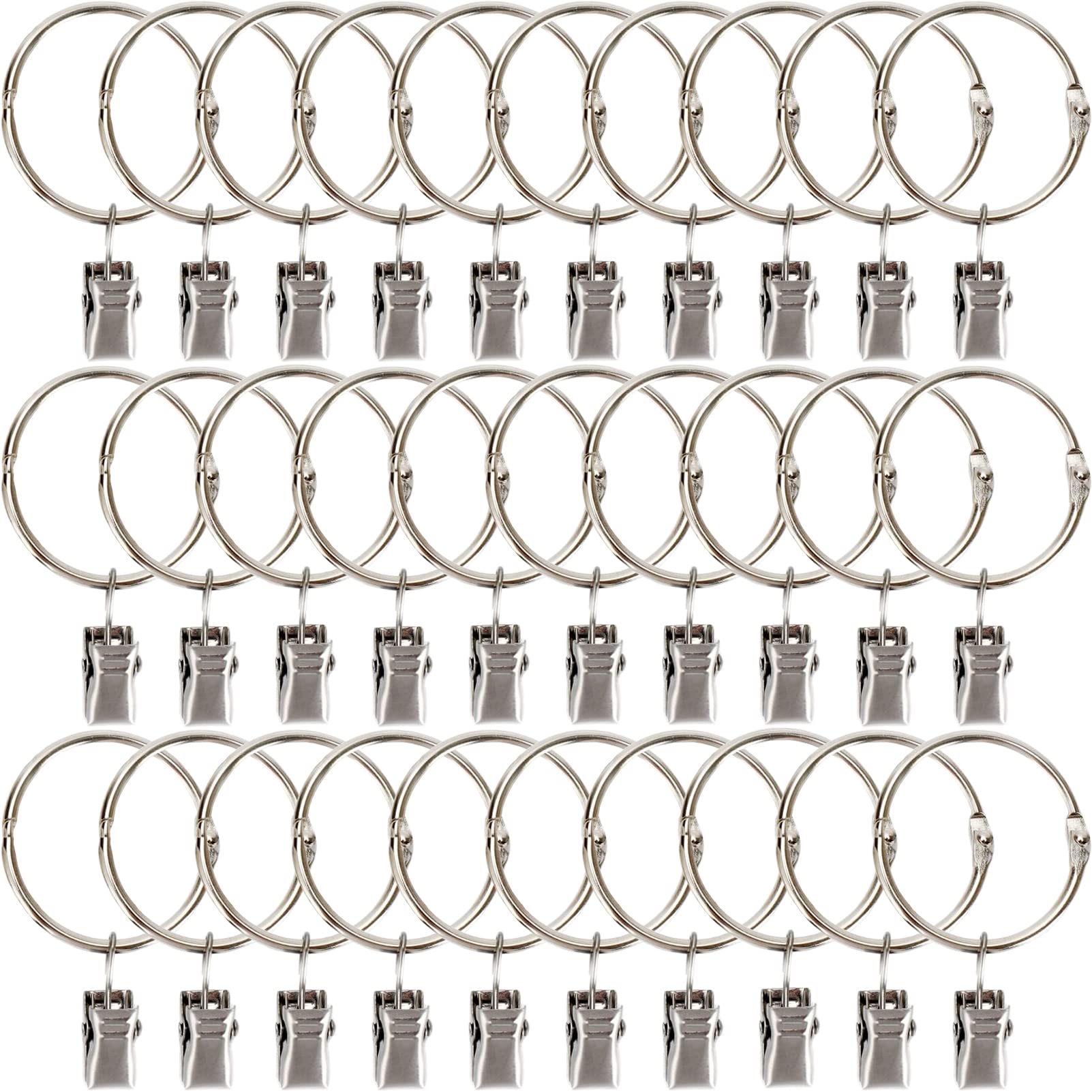 BetterJonny 30pcs Curtain Ring with Clips, 38mm Internal Diameter Strong Metal Curtain Clips with Hook Silver