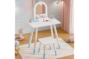 TOLEAD Kids Vanity Table and Chair Set, Kids Vanity with Lights, Princess Makeup Vanity Desk, Girls Vanity Set with Stool, Toddler Make Up Vanity Desk with Storage Space for Little Girls