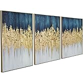 Zessonic Abstract Wall Art Hand-Textured Modern - Set of 3, Emerald Green Blue and Gold - 24x36inch, Framed