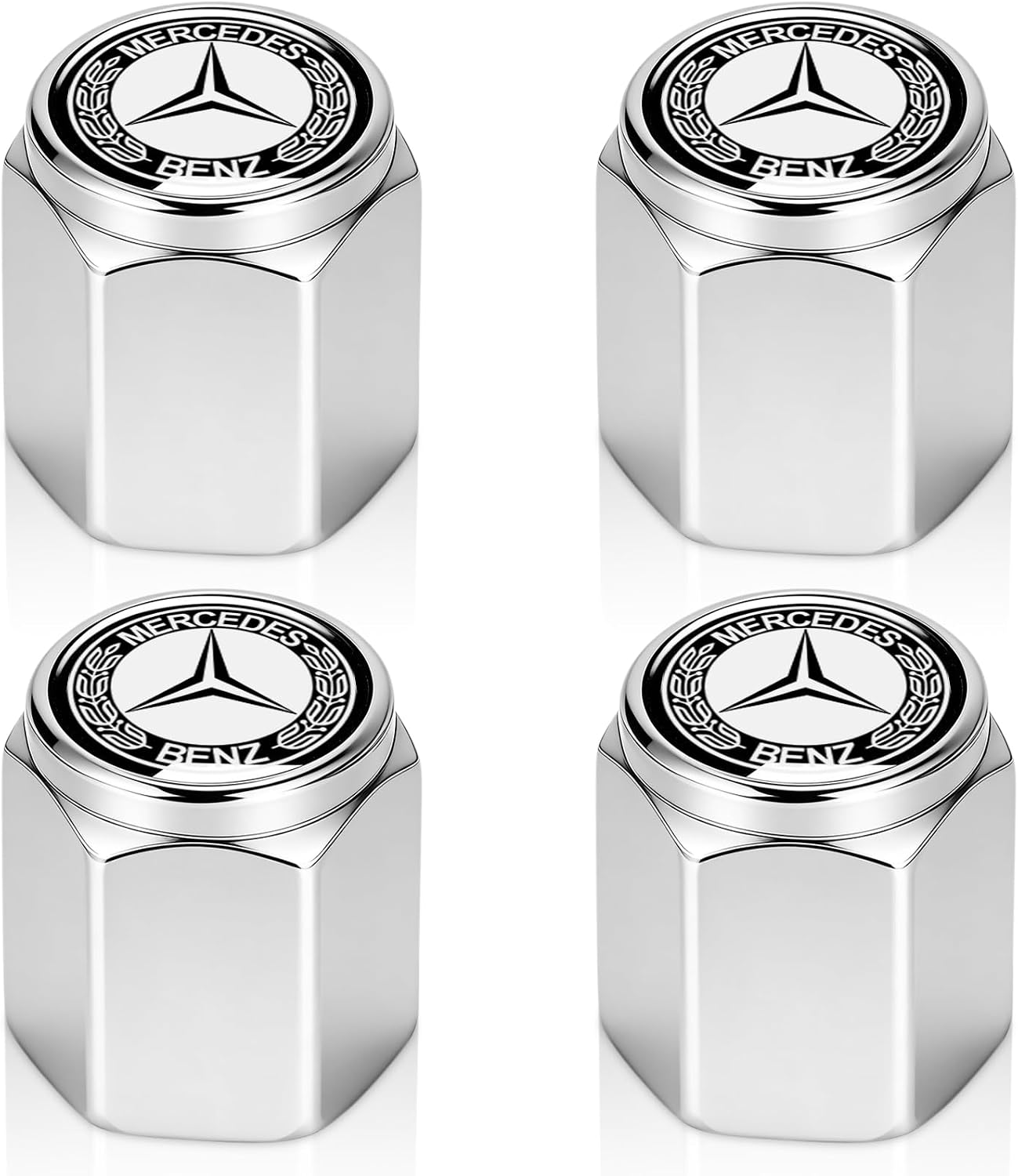Tire Valve Stem Cap Cover Compatible for Mercedes Benz Series Belt O-Ring Seal tire Valve caps Silver 4 Pcs