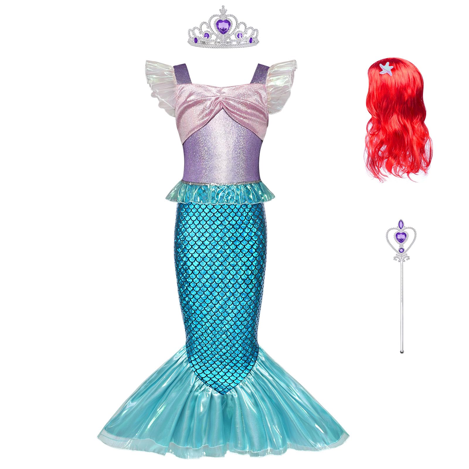 BSBUY Mermaid Costume Kids Little Mermaid Princess Fancy Dress Up Costume with Accessories and Wig, Ariel Outfit Princess Mermaid Dress Halloween Cosplay Birthday Party Mermaid Sequin Outfit(3 Y)