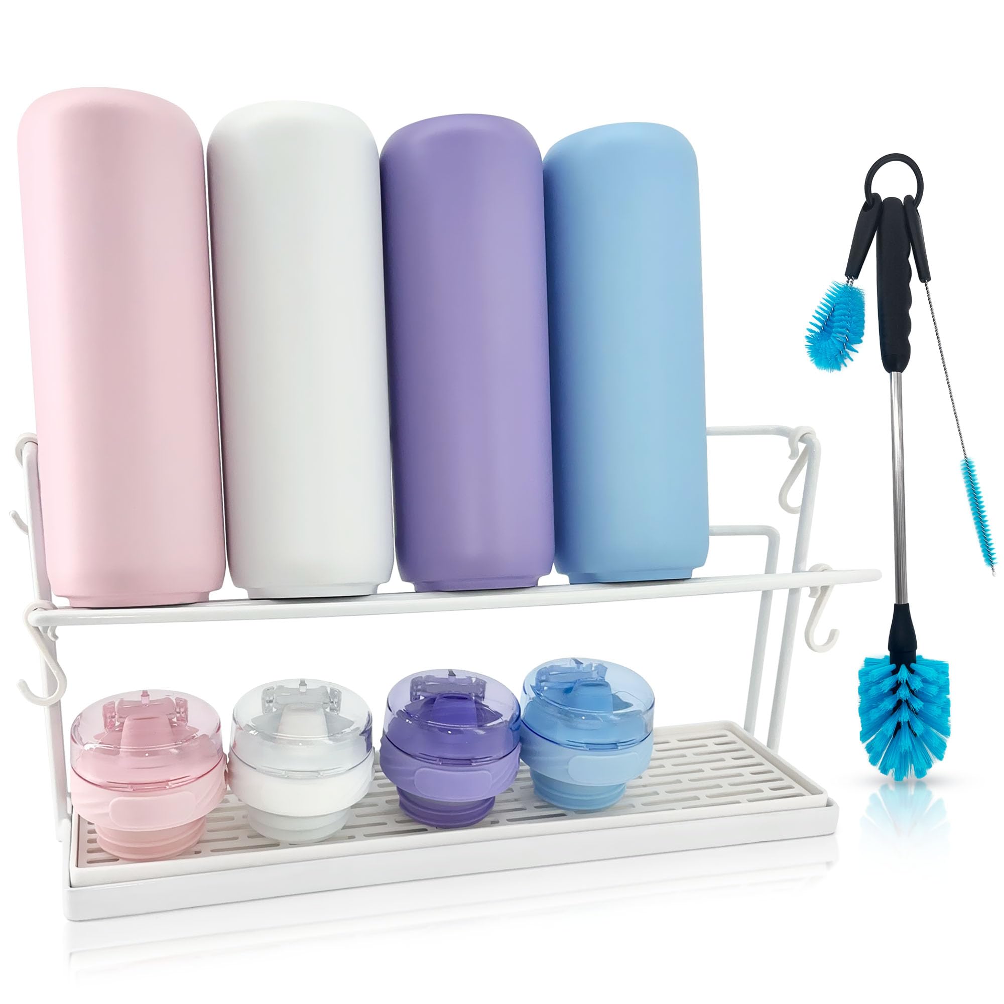 Photo 1 of WAKUBON Bottle Drying Rack for Kitchen Countertop - Two-Tier Design for Water Bottles and Tumblers, Space-Saving Storage Stand with Drainage Tray, Includes Water Bottle Drying Rack Brush Cleaning Set