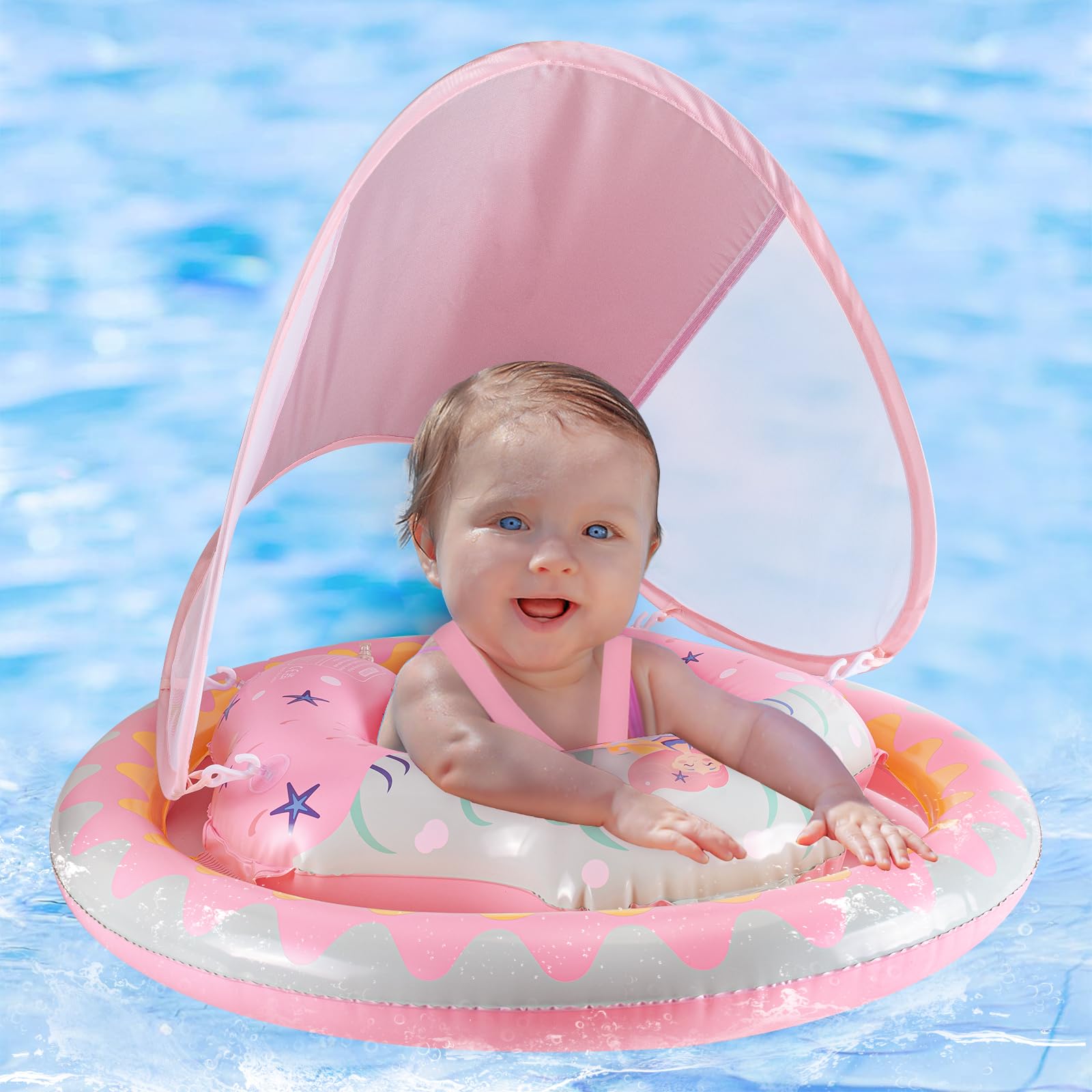 Thedttoy Baby Swimming Float for 6-36 Months, Inflatable Baby Pool Float with Dual Airbags & UPF50+ Sun Canopy, Adjustable Safety Seat Baby Swimming Ring for 6 9 12 18 24 36 Months Toddlers Gilrs