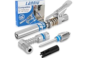 LANNIU Grease Gun Coupler Kit - 12000 PSI Strong Lock Grease Coupler with 90 Degree Grease Coupler Adapter & Grease Needle Tip, Heavy Duty Lubrication Grease Gun Tips for All 1/8'' NPT Fittings