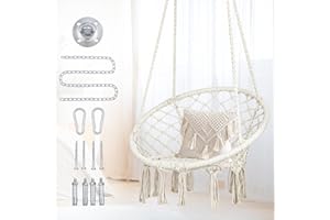 MERTONZO Macrame Hammock Chair Swing with Hardware Kits, Handmade Knitted Hanging Chair for Bedroom,Indoor,Outdoor, Balcony, Yard, Porch- 265 Pound Capacity -29.53" L x 29.53" W x 45.28" H