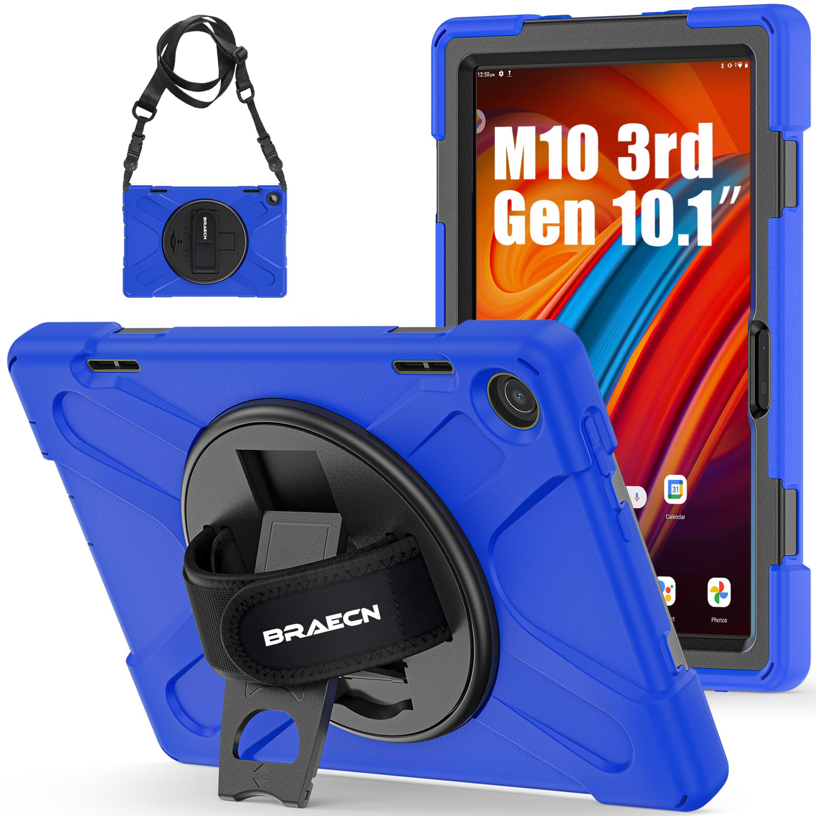 BRAECN Case for Lenovo Tab M10 3rd Gen 10.1 Inch 2022, Heavy Duty Rugged Protective Cover with 360° Rotating Kickstand & Hand Strap, Shoulder Strap for TB-328FU/TB-328XU, Blue