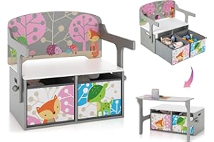 HONEY JOY Kids Table and Chair Set, 3-in-1 Convertible Wooden Toy Storage Bench with Handle, 2 Bins for Kids Reading Nook, To
