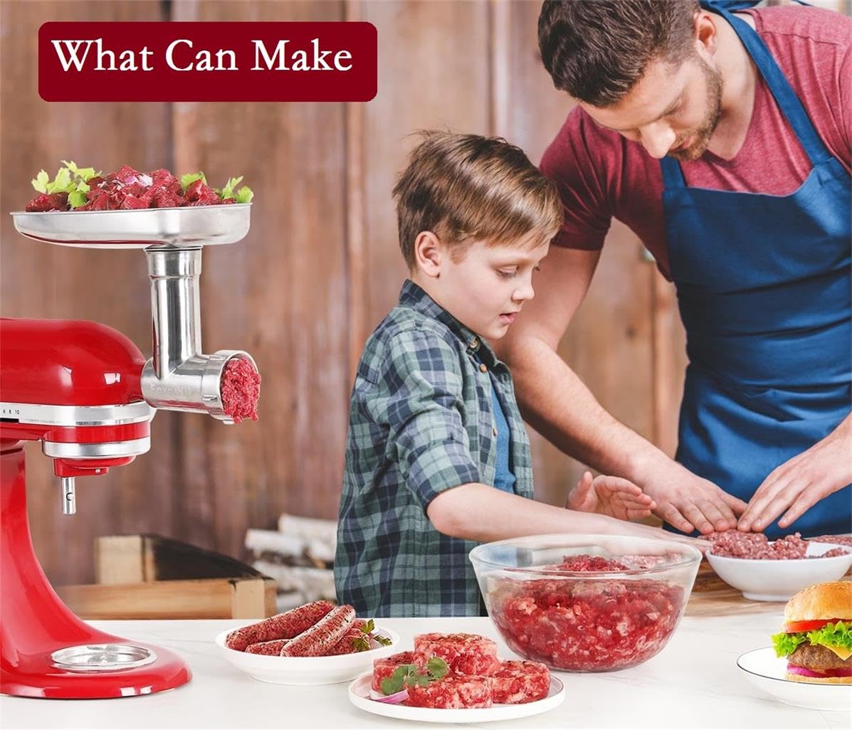 FavorKit Stainless Steel Food Grinder Attachment for KitchenAid Mixers, Dishwasher Safe Meat Processor Aceesory Included 3 Sausage Stuffer Tubes