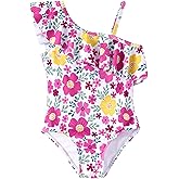PATPAT Toddler Girl Swimsuit 2T-6T Cute Pattern Print One Piece Ruffle Shoulder Single Spaghetti Strap Bathing Suit