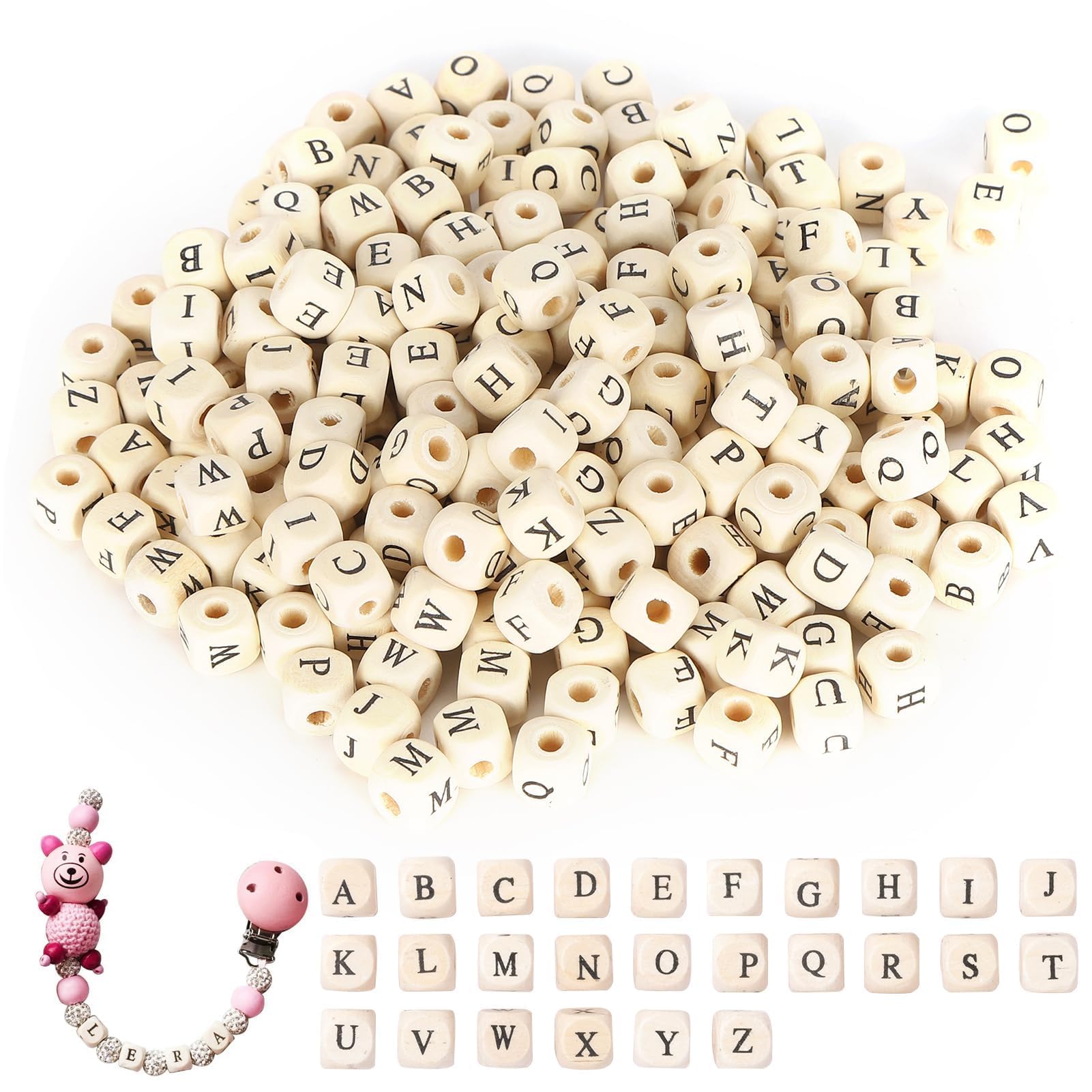 HERCHR 300Pcs Beads for Bracelet Making Kit,10mm/0.4inch Square Wooden Letter Beads Alphabet Beads Wooden Letter Beads,Alphabet Beads Wood Beads for Crafts Round Hole Cube Engraved DIY Jewelry Making