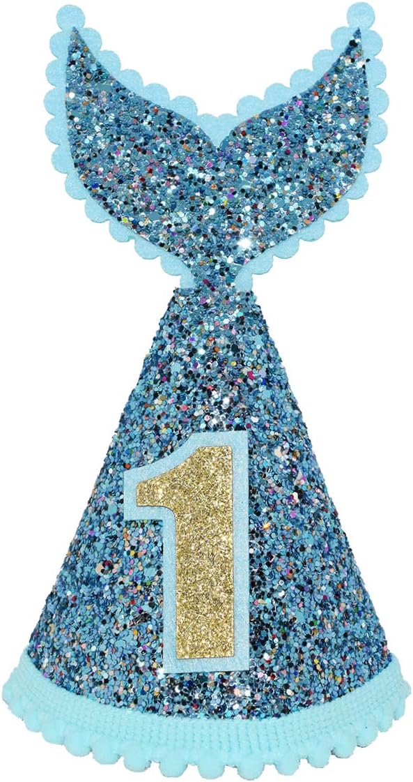 Mermaid Tail 1st Birthday Cone Hat with Adjustable Headband for Baby Girl Mermaid Party Supplies (Blue)