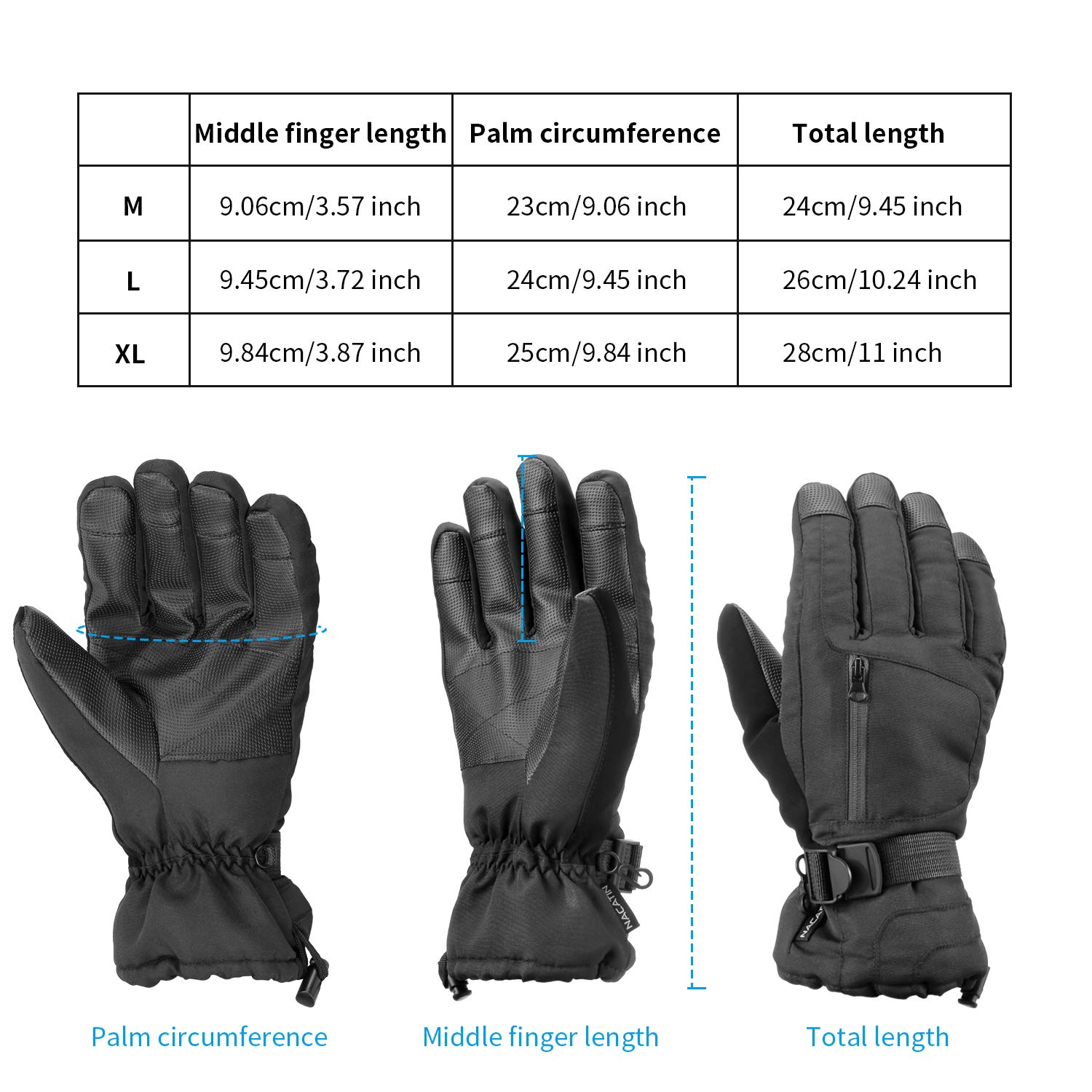 NACATIN Snowboard Gloves,Ski Gloves with Pocket Waterproof for Mens Womens,Thermal Warm Gloves 3M Thinsulate Insulated with Zipper for Winter Snowboard Cycling Snowmobile(Black)