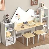 NKUGCFC Wooden Kids Study Desk with Bookshelves and 2 Stools,Kids Desk and Chair Set with 6 Storage Cabinets for Ages 3-8,Boys & Girls Study Desks for Bedroom and Kidsroom