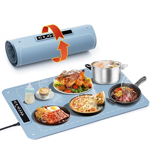 Food Warming Mat, 10S Rapid Heating Warming Mat for Food, Upgraded Heating Tech Food Warmer Mat with 4 Adjustable Temperature & Timer, Full Surface Electric Warming Trays for Buffets Parties Family