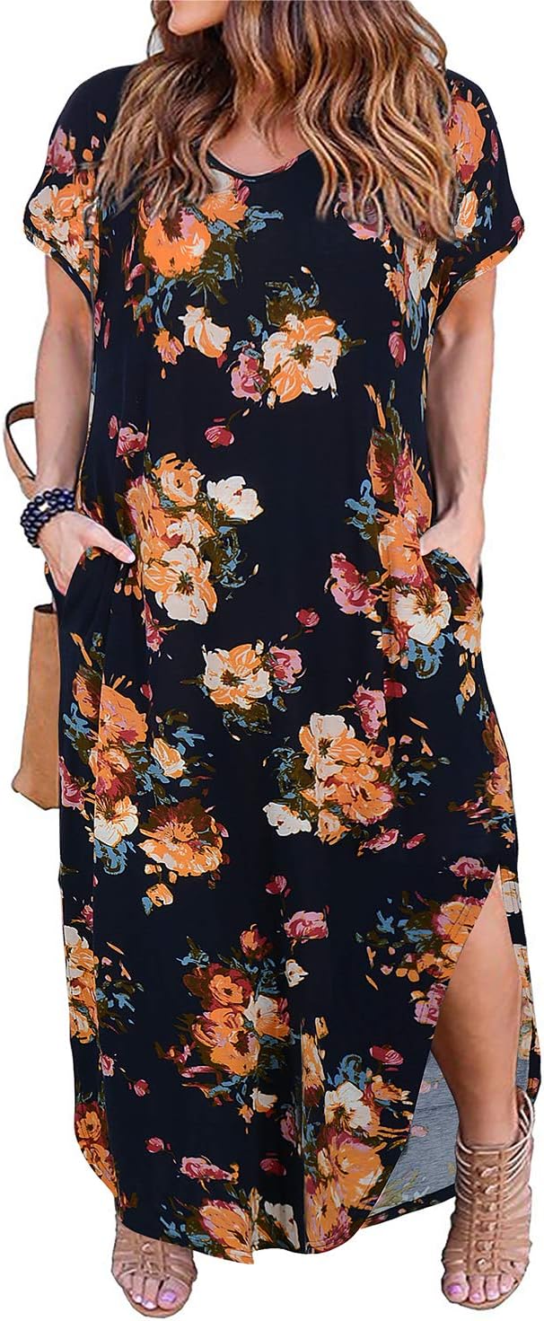 Nemidor Women's Casual Loose Pocket Long Dress Short Sleeve Plus Size Slit Maxi Dress
