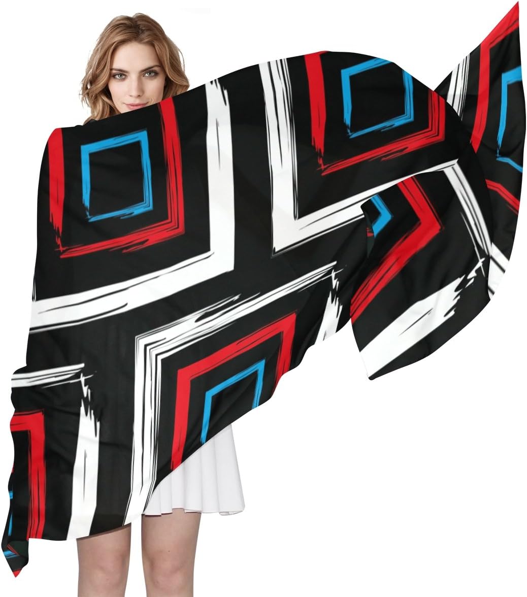 Abstract Colorful Hatch Pattern Silk Scarf Lightweight Long Scarf Shawl Wrap for Women
