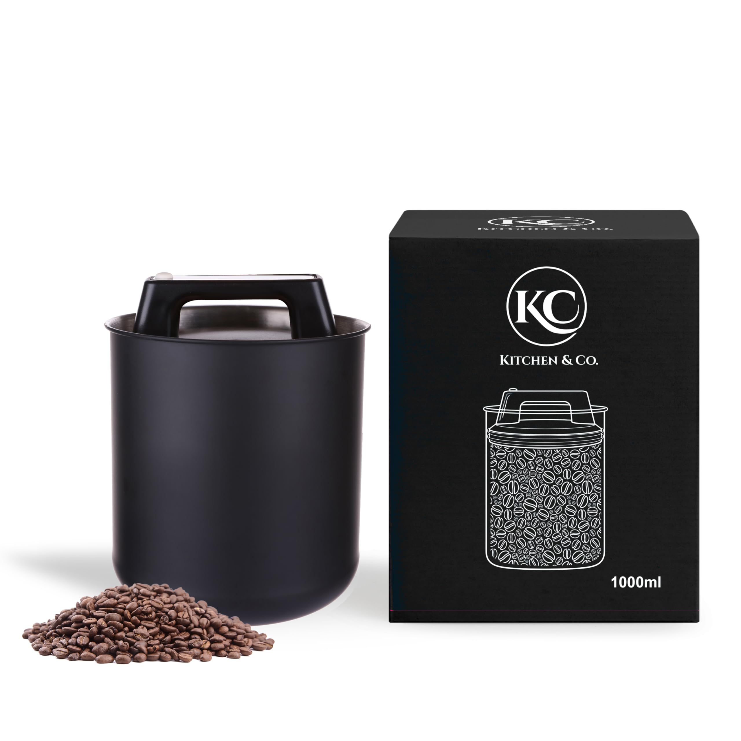 KC Kitchen & Co. Airtight Coffee Canister for 250 g Coffee Beans - Stainless Steel Storage Jar with Vacuum Lid & Aroma Seal - Storage Jar for Coffee, Tea, Sugar, Cereal - Matte Black (1000 ml)