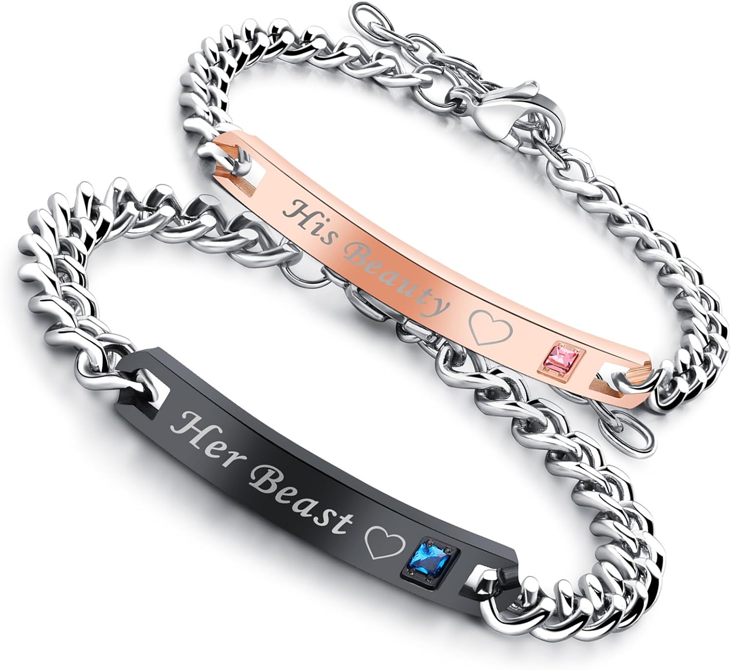 Flongo Women's Men's 2PCS Bracelets Set Color Black&Rose Gold, Stainless Steel CZ His Her Couples BFF Matching Bangles