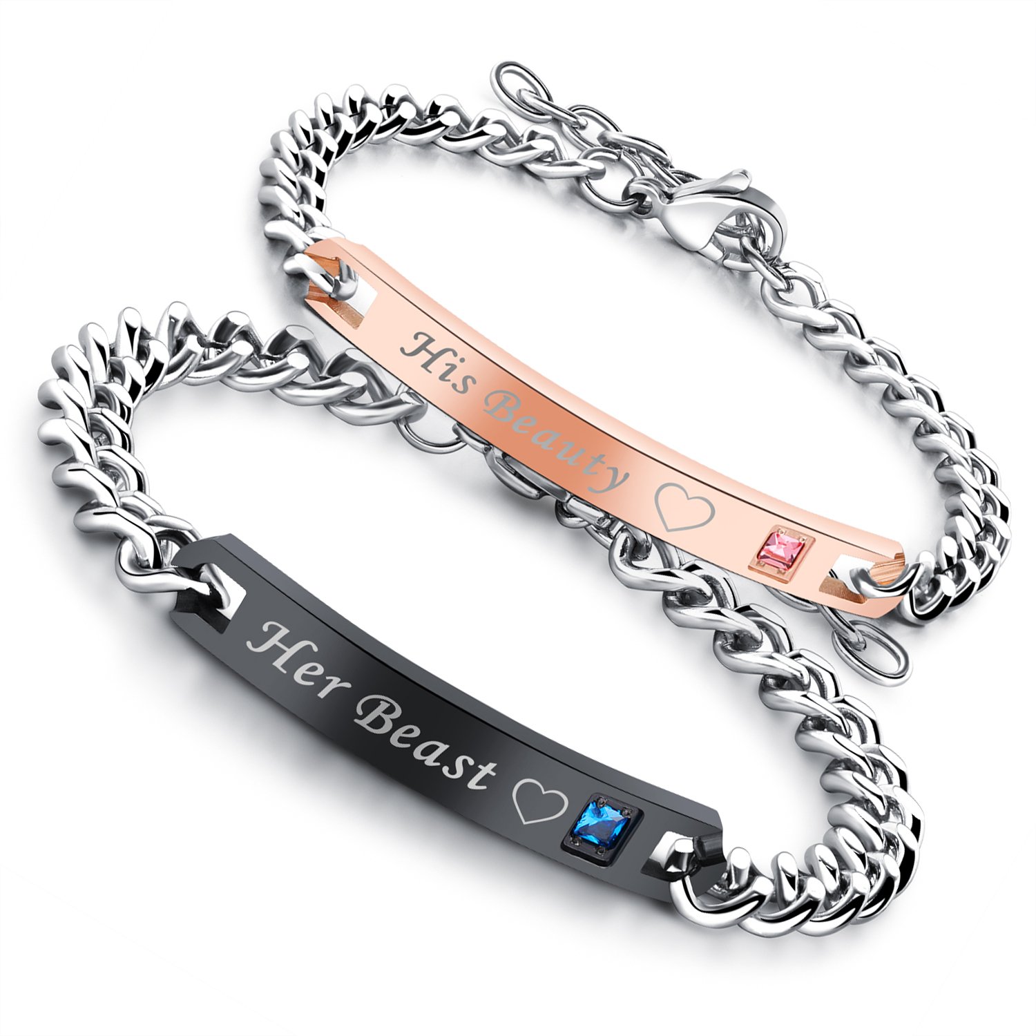 Flongo Women's Men's 2PCS Bracelets Set Color Black&Rose Gold, Stainless Steel CZ His Her Couples BFF Matching Bangles, Engraved His Beauty&Her Beast, Gifts for Valentine's Day Anniversary Wedding