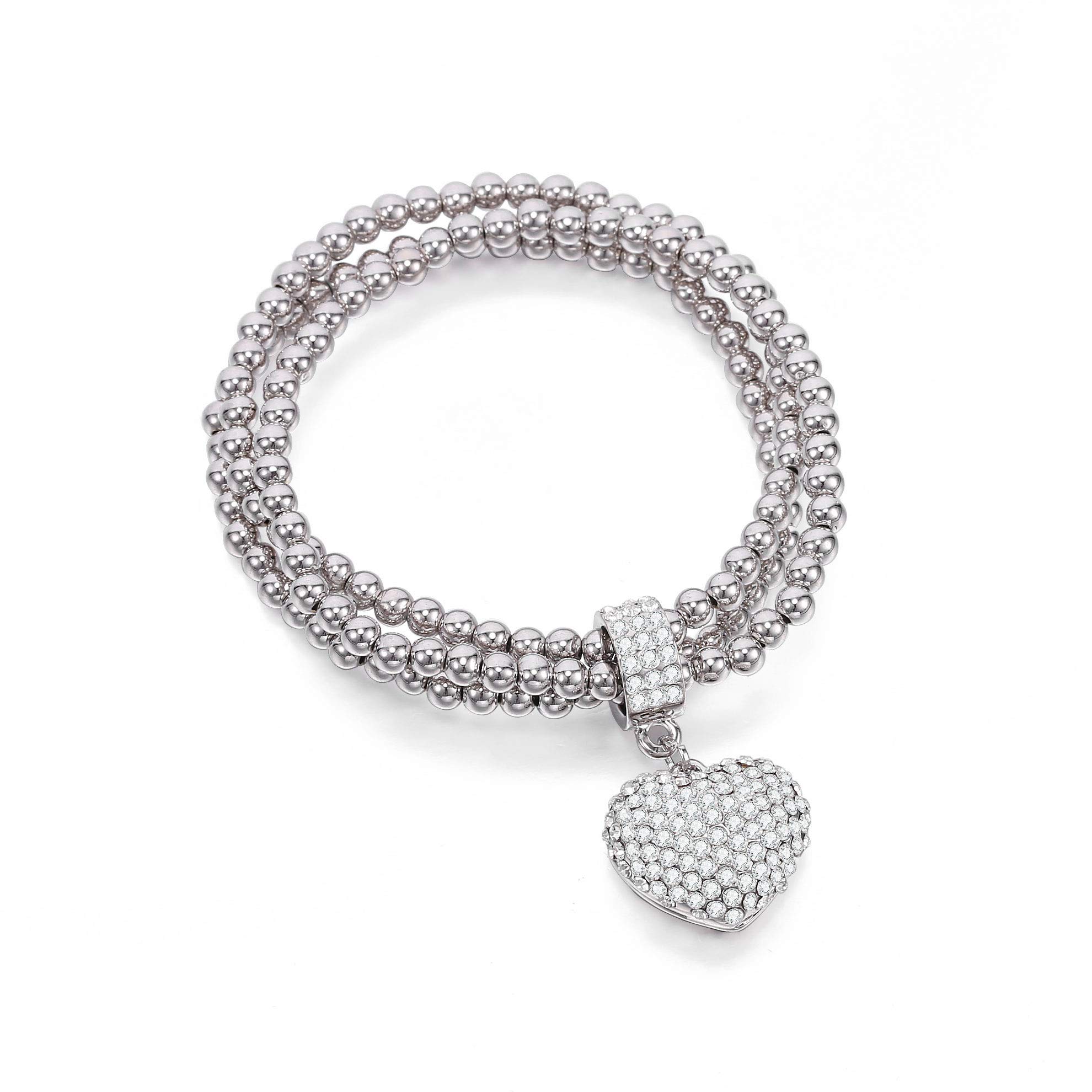 Exquisite Three-Layer Bead Chain Love Heart Pendant Bracelet with Sparkling Crystal Woemn Bracelet for Daughter's Gift
