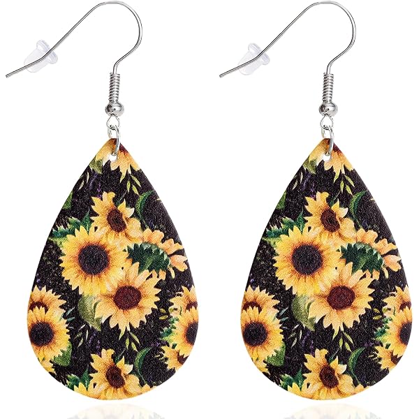 Sunflower Earrings for Women Leather Teardrop Dangle Drop Jewelry Outfits Colorful Sunflower Print Teardrop Dangle Earrings PU Leather  main image 3