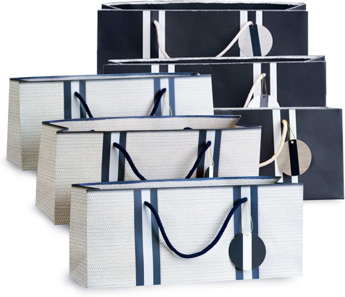 Simply Charmed Wine Bags – White with Basket Weave Pattern (3) and Navy Stripes (3) Purse Style