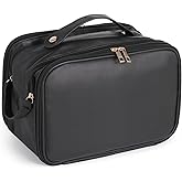DORMIYA Black Travel Makeup Bag for Women - Large Capacity Cosmetic Organizer, Multi-Layer Toiletry Bag with Handle, Waterproof PU Leather Portable Makeup Zippered Case with Standing Brush Holder