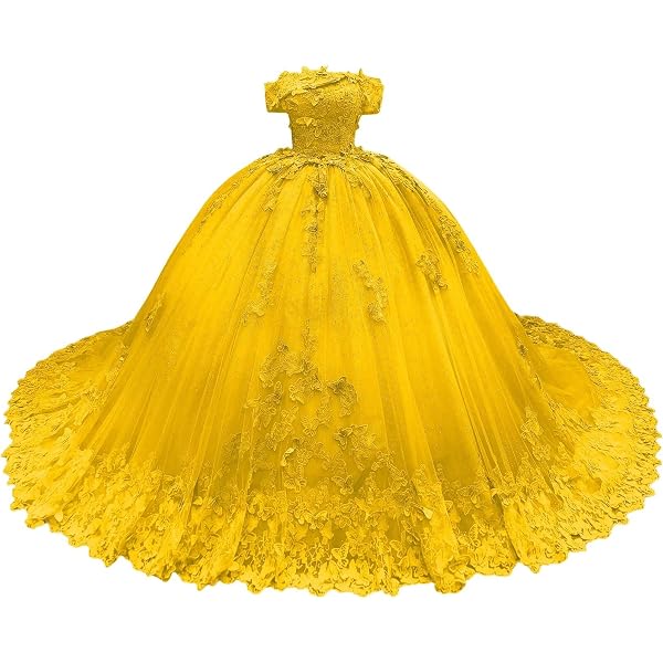 Amazon.com: Yellow Floral 3D Flowers Lace Prom Dresses Empire Waist  Princess Off The Shoulder Quinceanera Dress A-line Yellow 2: Clothing,  Shoes & Jewelry