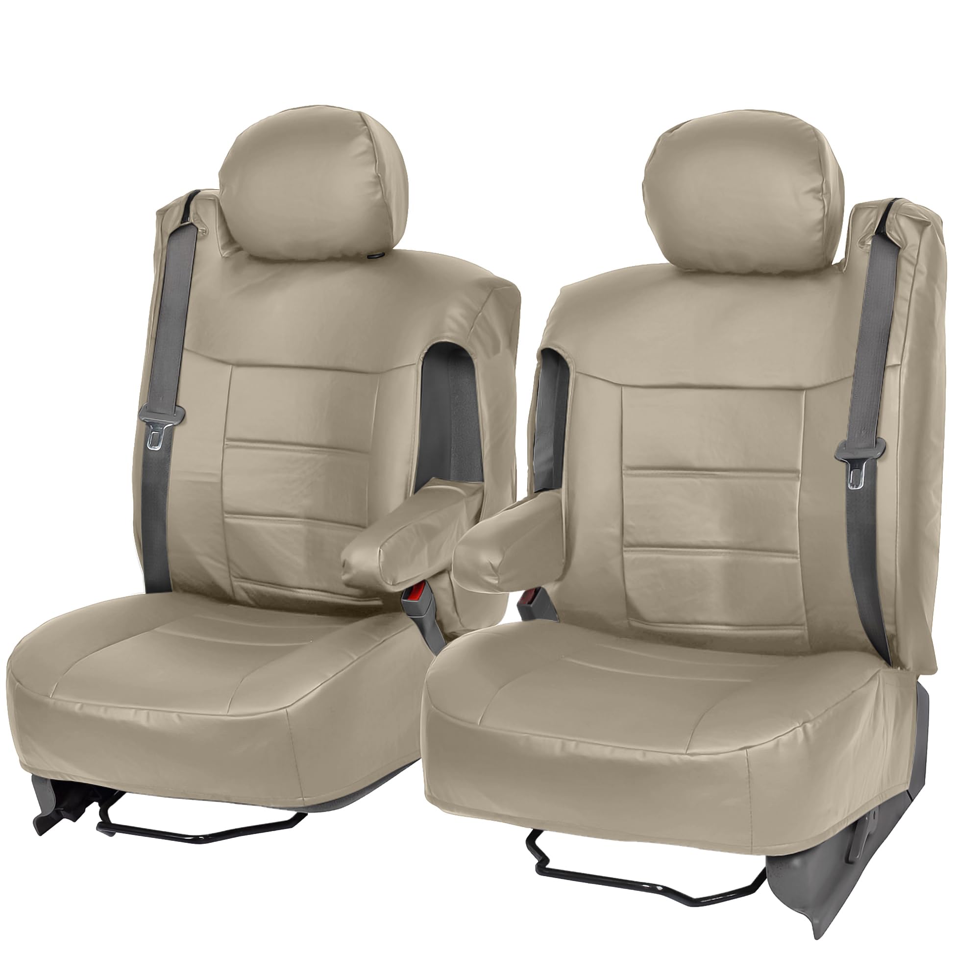 BDK PU Leather 2-Pack Front Seat Covers for Pick-Up Trucks, Trucks, Vans with Integrated Seat Belt, Integrated Arm Rest, Detachable Headrest – Beige