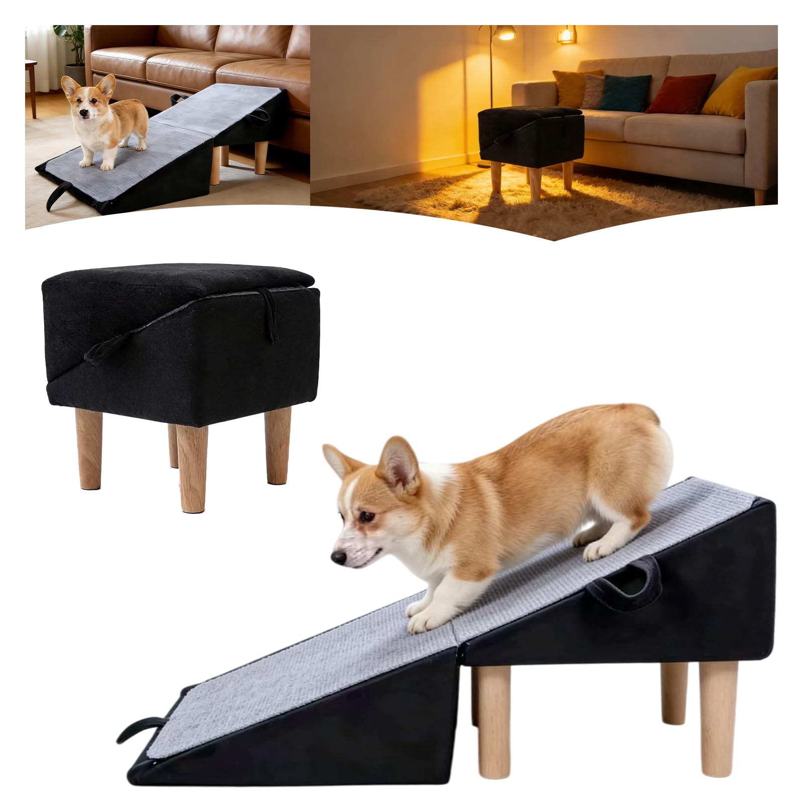 Photo 1 of Split Ottoman Dog Ramp for Couch and Low Bed, 2-in-1 Foldable Dog Stairs for Small Dogs and Cats, Wooden Pet Ramp with Non-Slip Surface, Portable Step Stool Design, Black